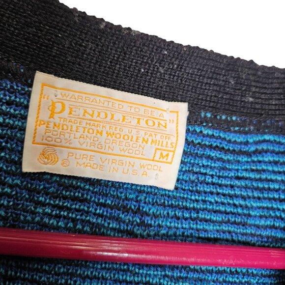 Vintage 80s 90s Pendleton Wool Cardigan Sweater Blue Black Button Puff Sleeve M - Picture 3 of 11